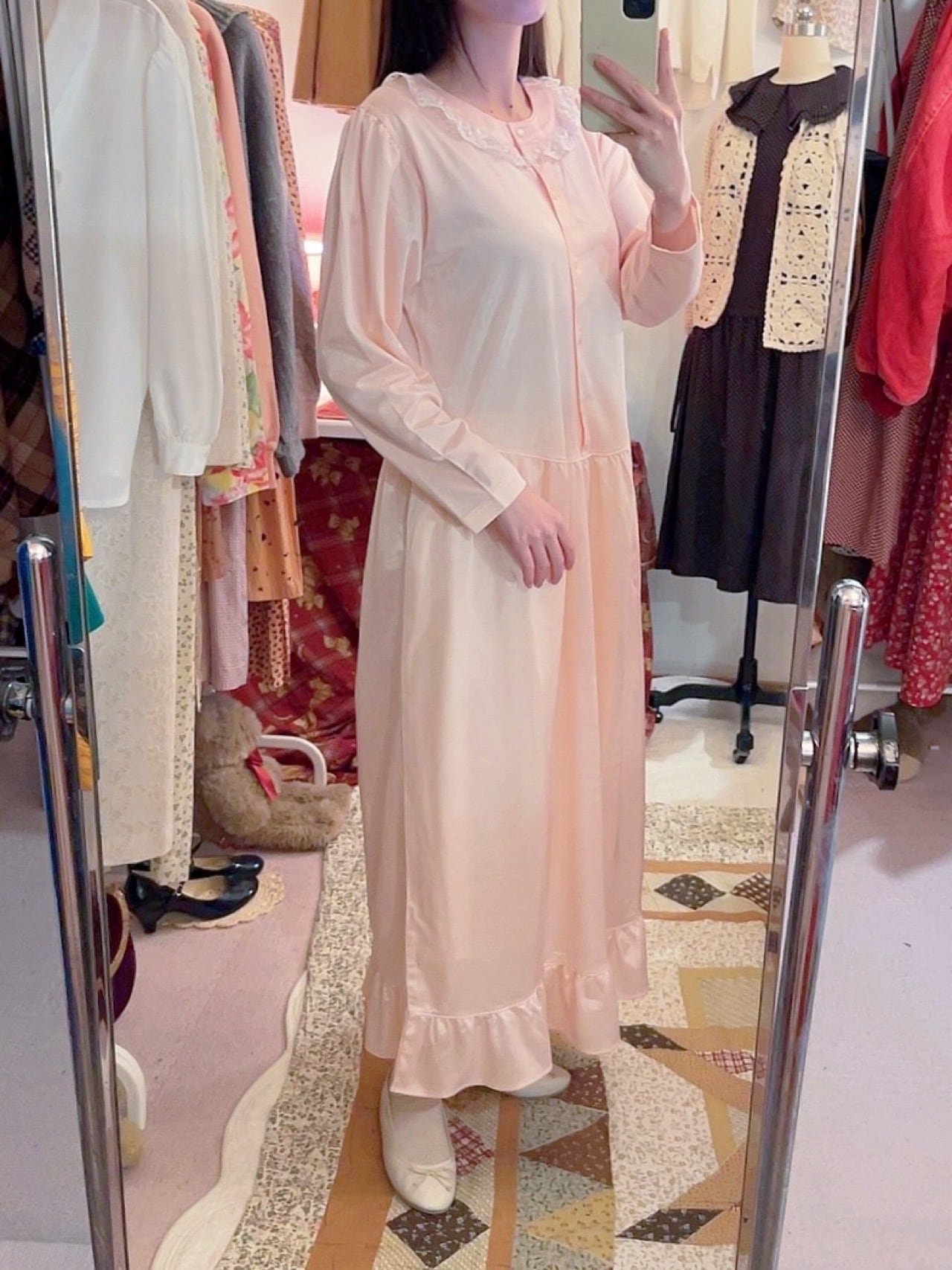 frill lace pink neglige one-piece