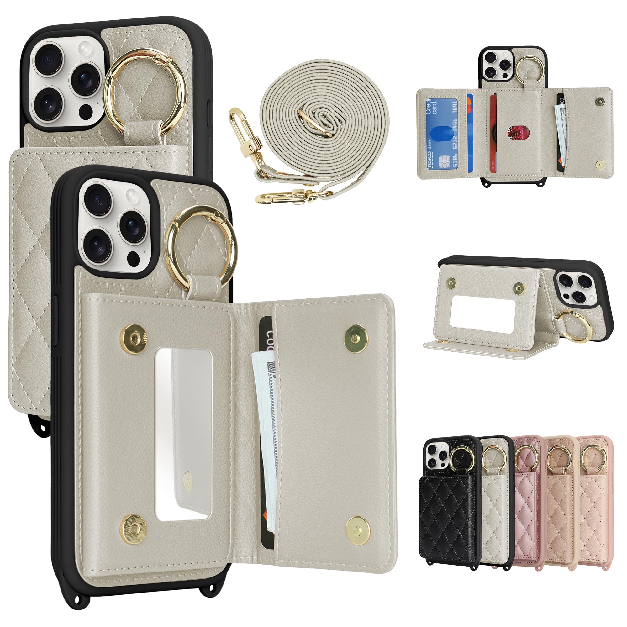 CLICSUN iPhone 14 Pro 用 ケース ショルダー 背面カード収納 あいふおん14プロ 携帯ケース PUレザー スマホケース いphone14pro 対応 財布型 鏡付き ストラップ付き 斜めがけ 首掛け 肩掛け 調節可能な アイフォン14pro リング付き 小銭入れ 横置きスタンド機能 おしゃれ かわいい カード入れ 軽量 耐衝撃 女性 人気 チェック柄 グレー