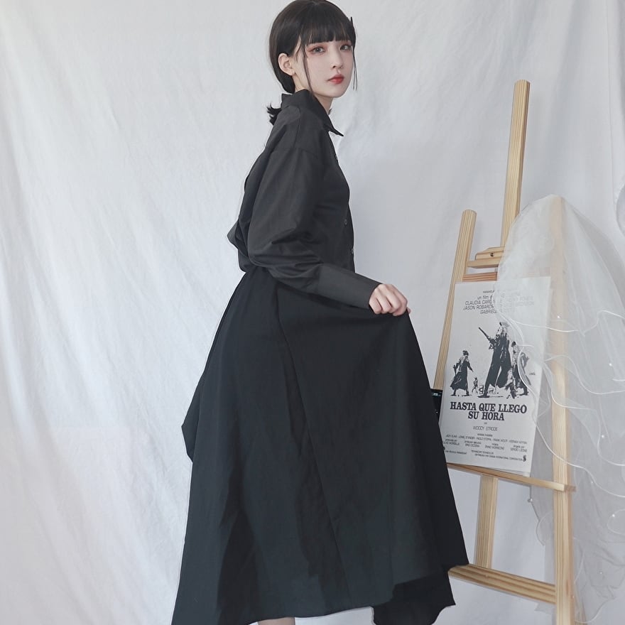 サブカル 服 地雷系 通販 長袖 黒シャツ 山本耀司風 アシンメトリー 闇