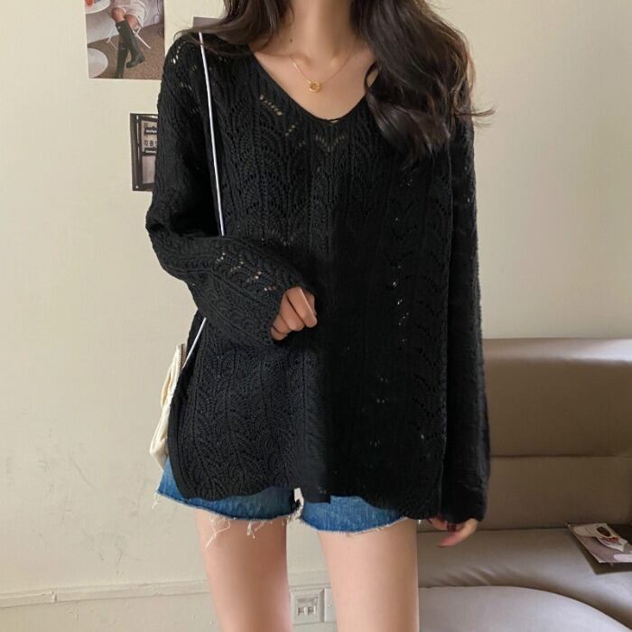 ニットセーター薄手の女性の2020年初秋Vネックルーズで薄い長袖中空プルオーバーカジュアルトップの新バージョン クレセントシティ66923536118