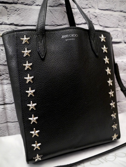 2020SS極美品★JIMMY CHOO ジミーチュウ BRIAブリア ☆スタースタッズ クロスボディ 2way レザー トート バッグ 黒★ コーデのポイントに♪