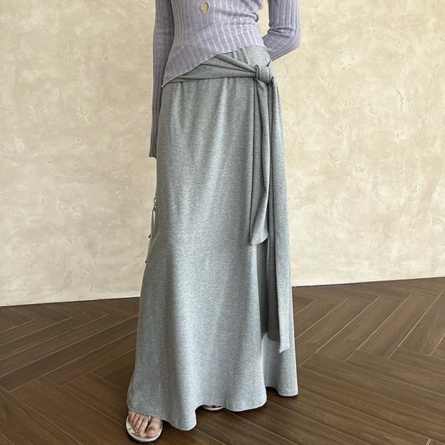 Waist ribbon sweat long skirt 2 colors　V2294