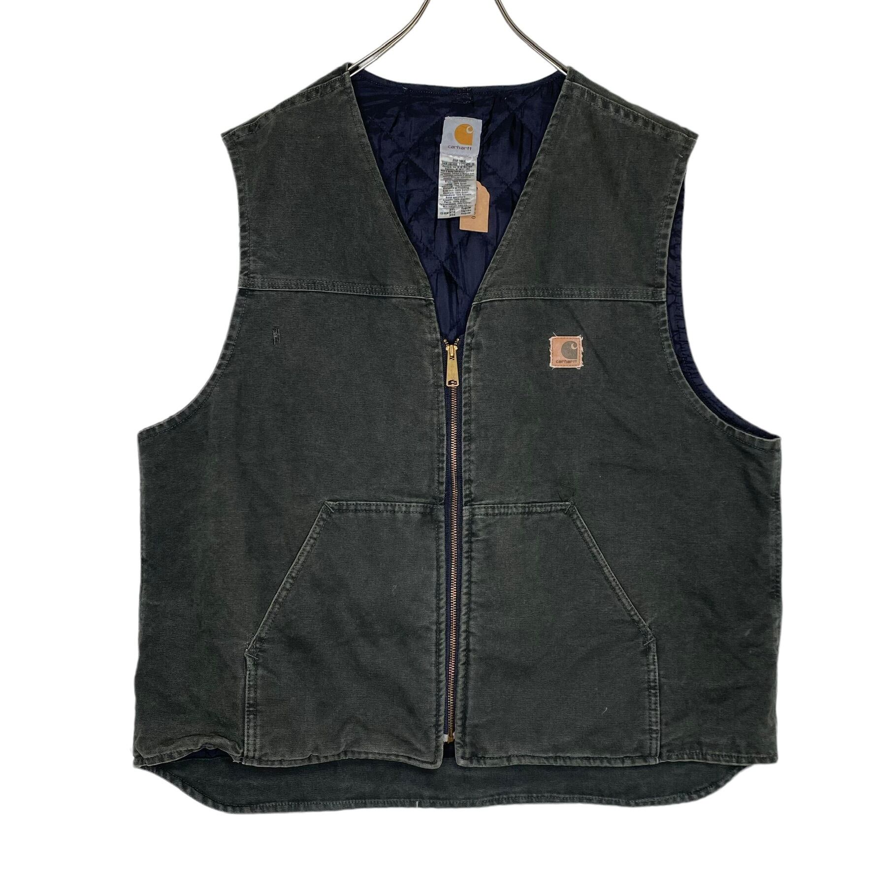 Made in USA】Carhartt ダックベスト 2XL 革パッチ オリーブ 状態良好 