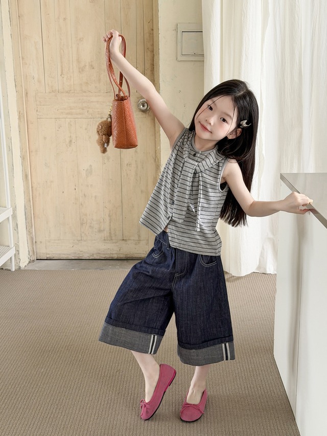 【KID】ワッフル地ストライプノースリーブTシャツ - 13