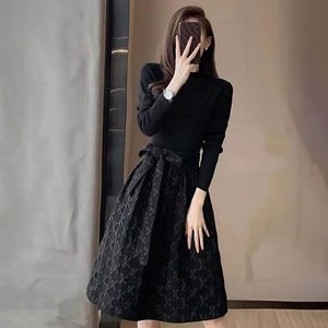 フレアワンピース リボン柄 長袖 ウエストマーク レディース 春秋冬 韓国 レトロ ワンピース おしゃれ きれいめ 大人 上品 Aライン ブラック 黒 結婚式 参観日 入学式 卒業式 大人可愛い 大人女子