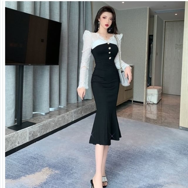 大人 ワンピース タイト 膝丈 黒 マーメイドワンピース 白レース袖