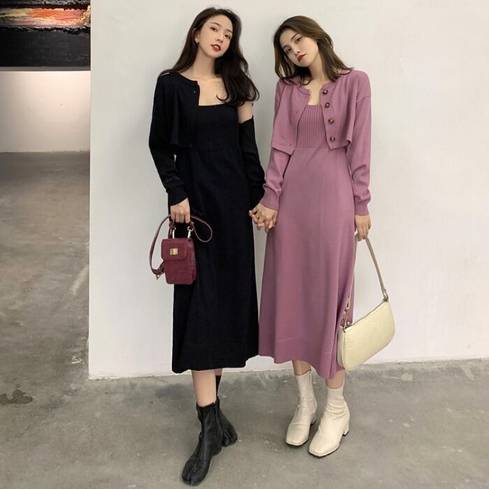 レディーススプリングショートスタイルカーディガンウェストロングドレス 春物 ドラファッションホール93423402857