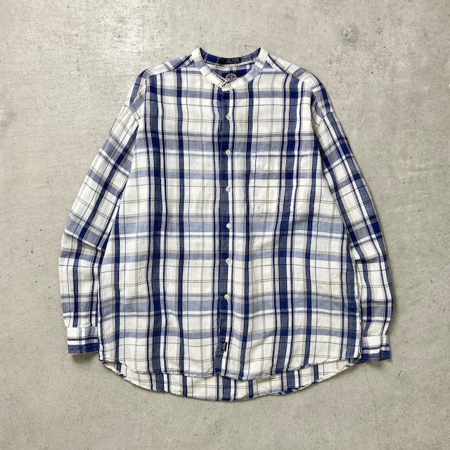 90年代 DOCKERS リネンチェックシャツ スタンドカラーシャツ メンズXL 古着 90s アメカジ VINTAGE ヴィンテージ ネイビー ホワイト ベージュゴールド【長袖シャツ】/マルチカラー