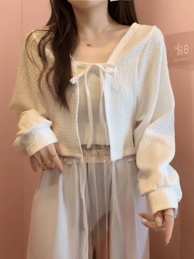 羽織るだけで大人フェミニン リボンショートカーディガン ボレロ 長袖 ぽわん袖 きれいめ 大人可愛い 着回し 体型カバー 大きいサイズ 韓国 CH11659