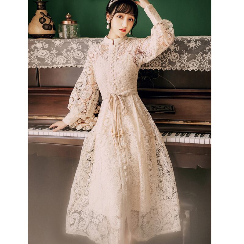 華莎之城シリーズ チャイナ風ワンピース 3color 黒orベージュor紫 レースワンピース デート 結婚式 通勤 気質アップ Elegant