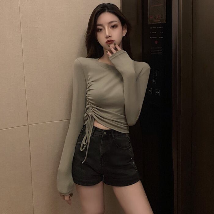 Tシャツ シャツ オータムスリムサイドギャザーラウンドネックトップス プルオーバー 秋物 Oネック ガールズファッション44676771772