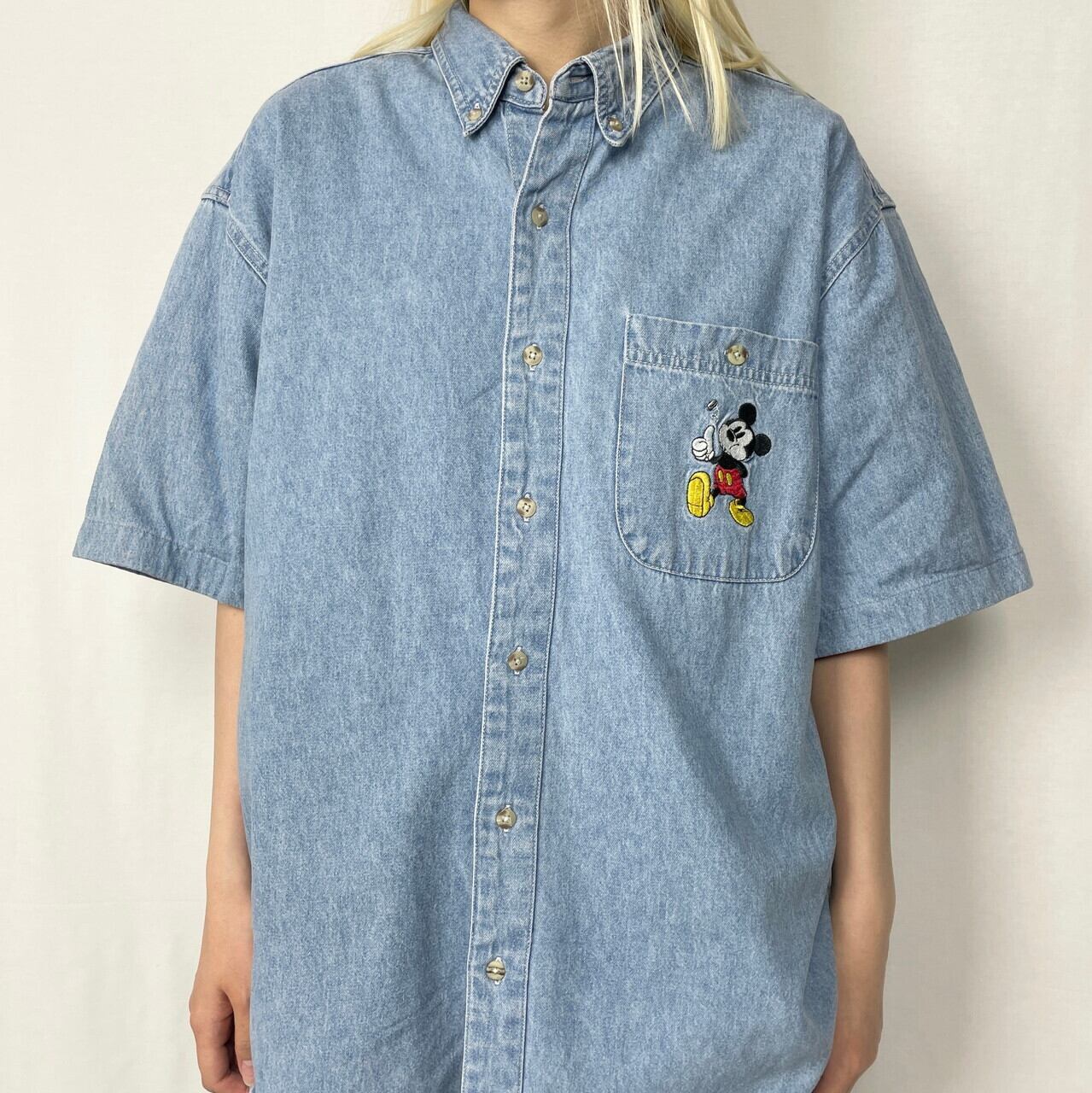 DISNEY ディズニー ミッキーマウス 刺繍 半袖 デニムシャツ メンズM 
