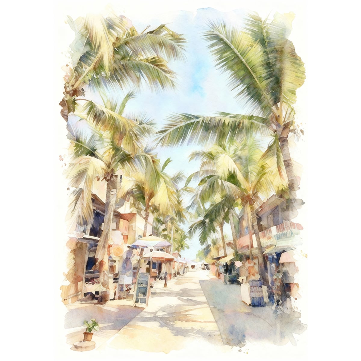 絵画 風景画 夏 メキシコ サユリタのビーチタウン インテリアアート額付き 水彩画風 WAT1658