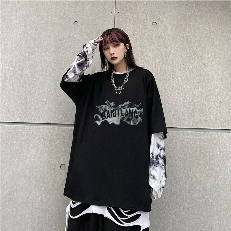 サブカル 服 地雷系 通販 ロングシャツ 重ね着 長袖 ロゴ プリント