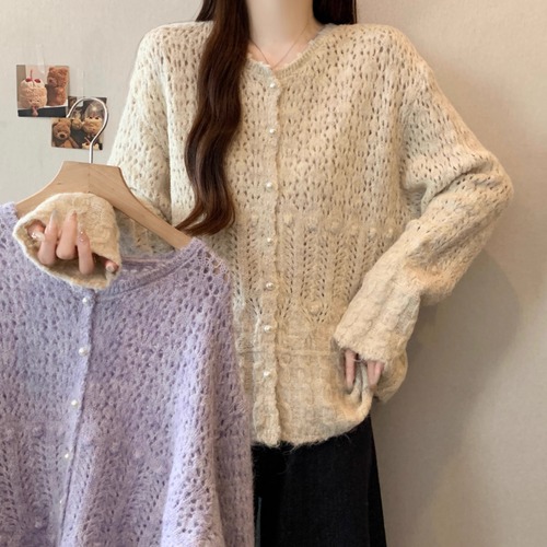 2色／パールボタン透かし編みニットカーデ ・73140