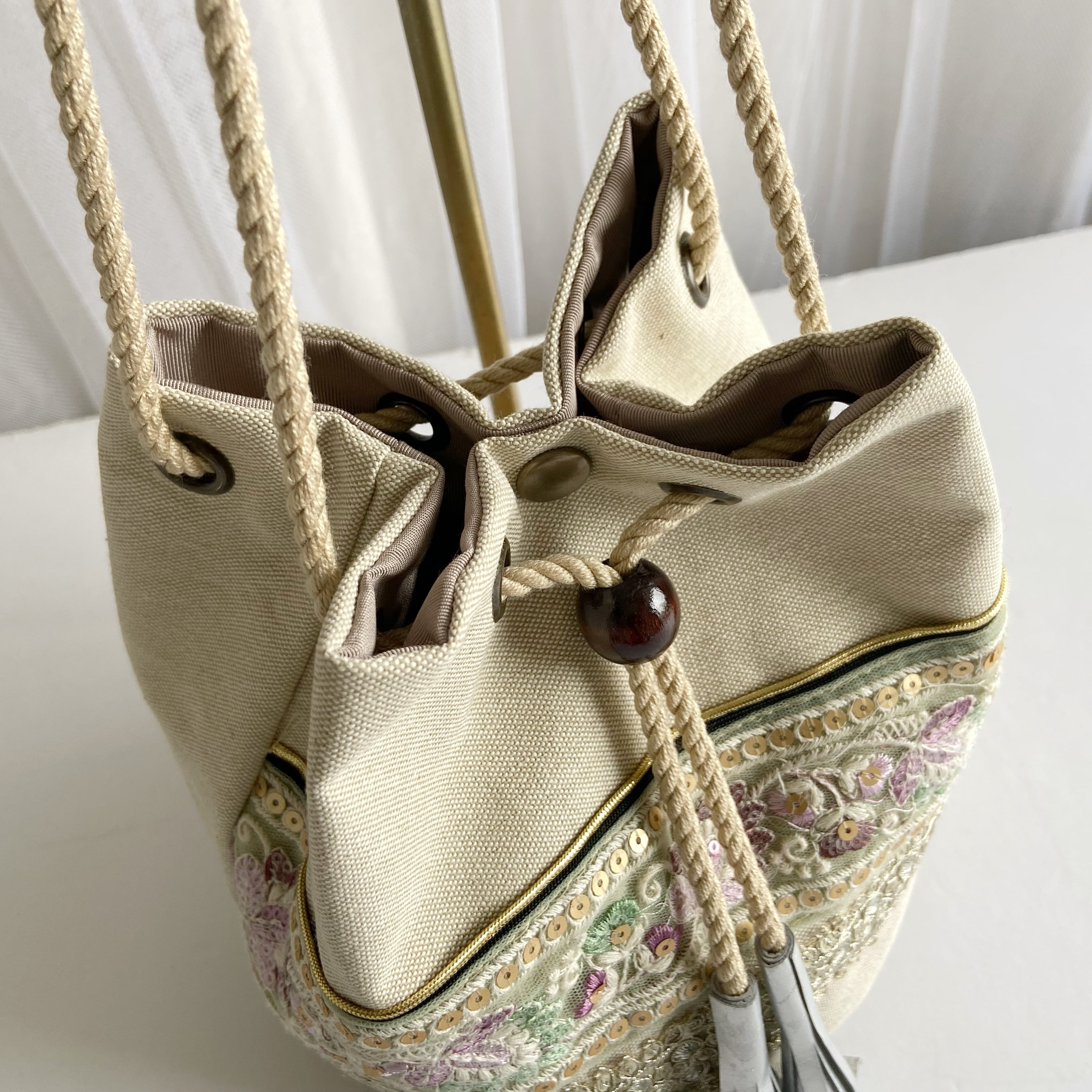 インド刺繍リボン巾着＊てさげ＊斜めがけ＊2WAY斜めがけ＊軽量＊ミント