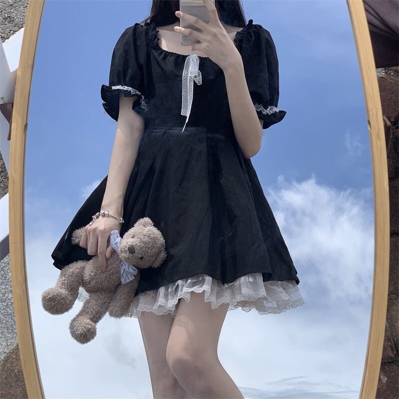 ブラックドレス サマー薄手スタイルスリーブレーススカート 夏物 ステッチ 萌量不足37668726700