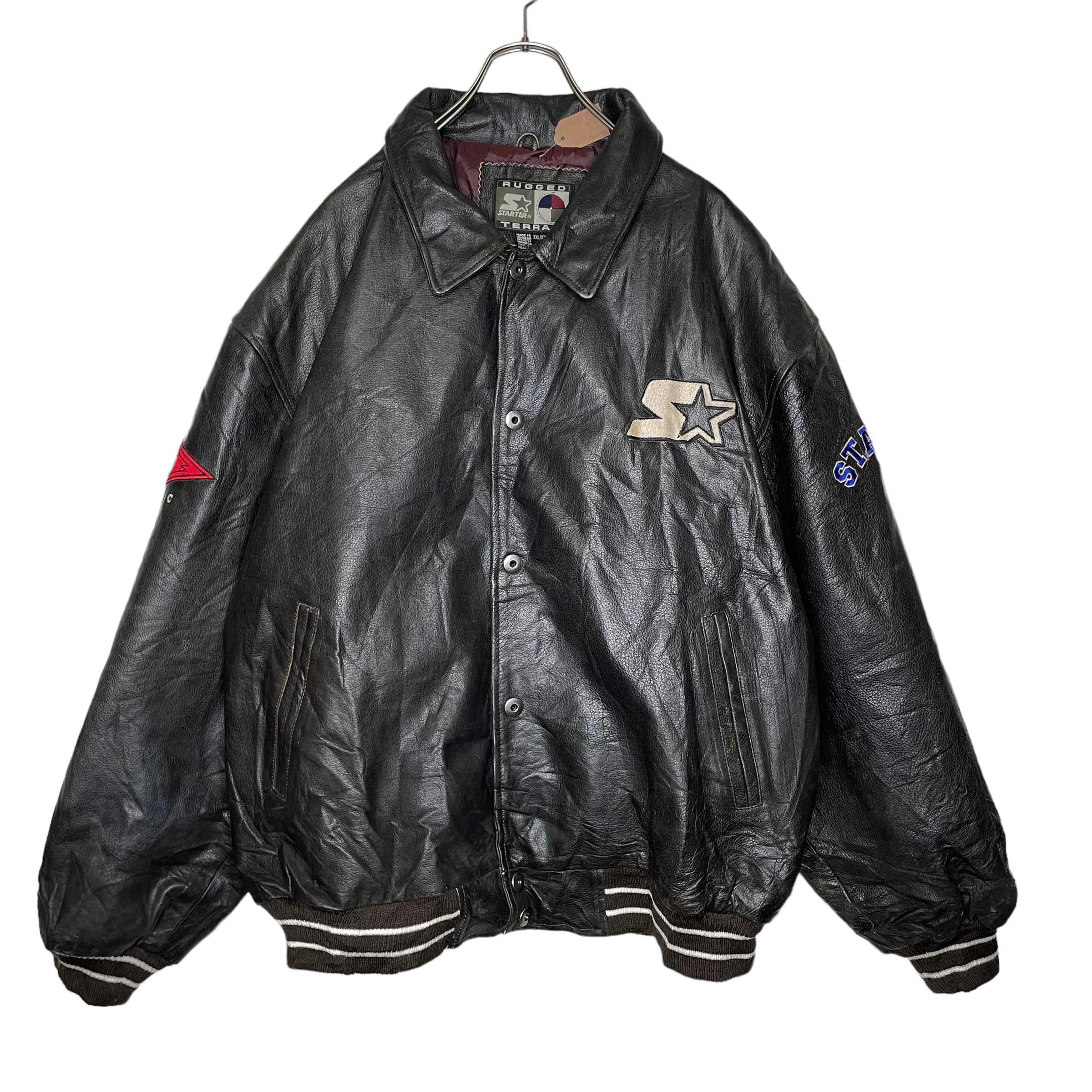 90's 】STARTER レザージャケット XXL 刺繍 ワッペン ラインリブ