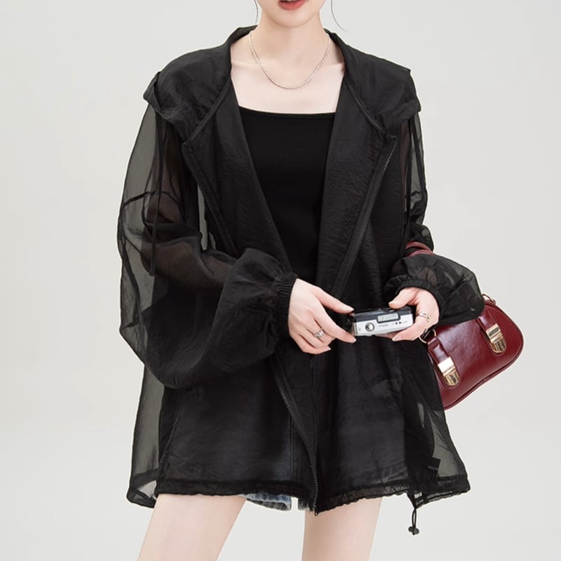 sheer material oversized drop shoulder hooded Jacket la1721