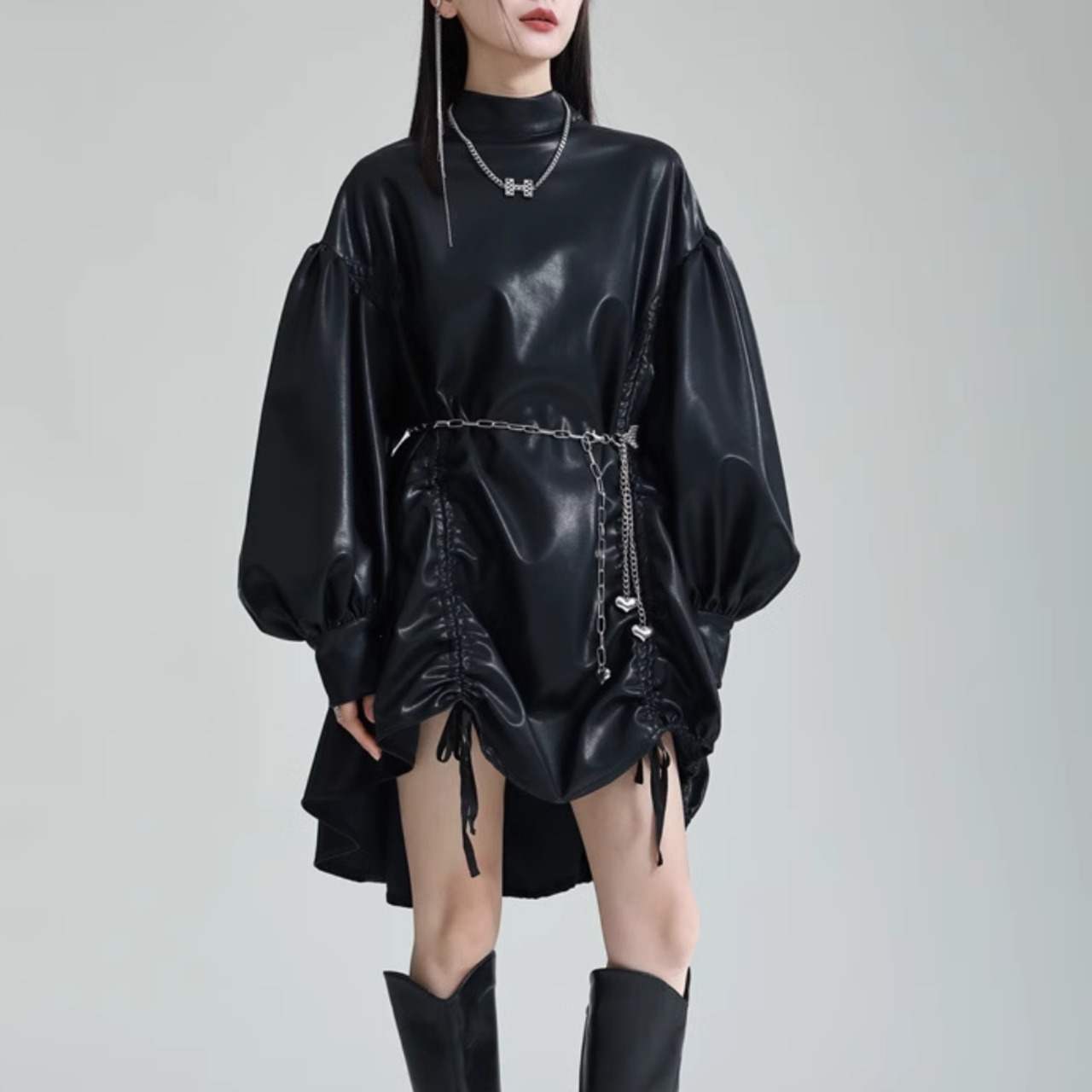 PU Leather Lantern Sleeve Dress(ME074)