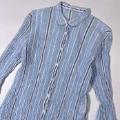 Mademoiselle NON NON シワ加工 ストライプ 七分袖シャツ M/ブルー/薄手