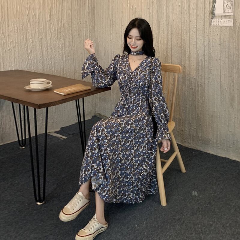 スタンダードフローラルドレス スプリングスタイルウェストスカート ロング レトロ 春物 花柄 スーパーモール11433421302