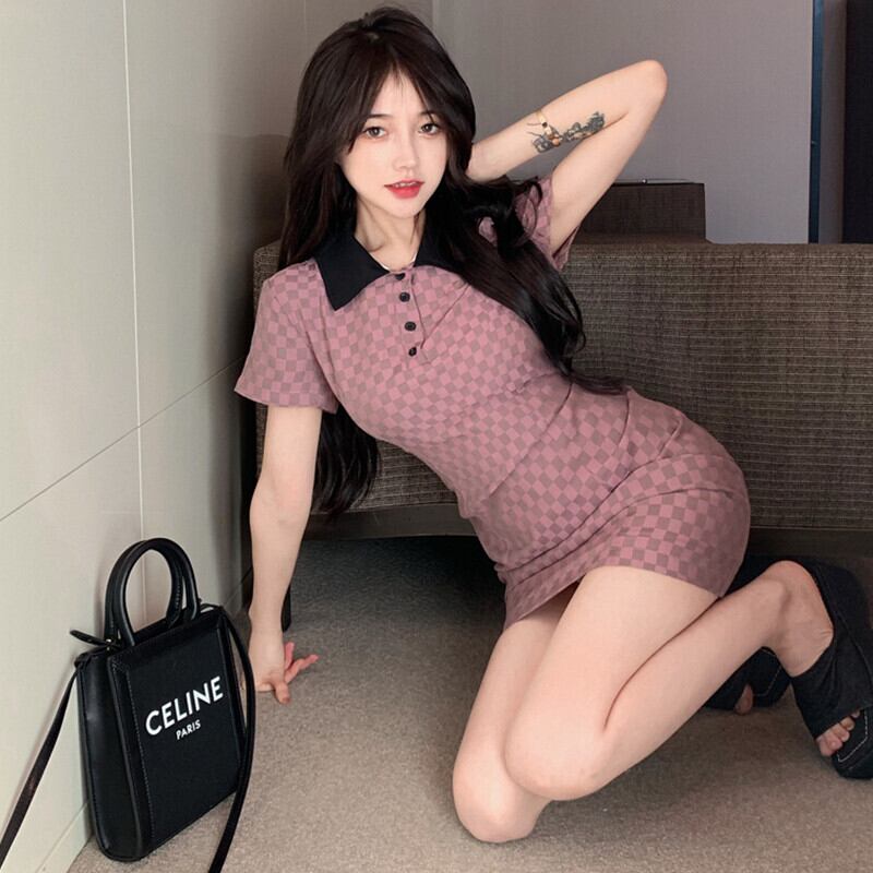 格子柄ショートスカート サマースタンダードカラーウェスト半袖スリーブドレス レトロ ハーフスリーブ 夏物 ガールズファッション55301227752