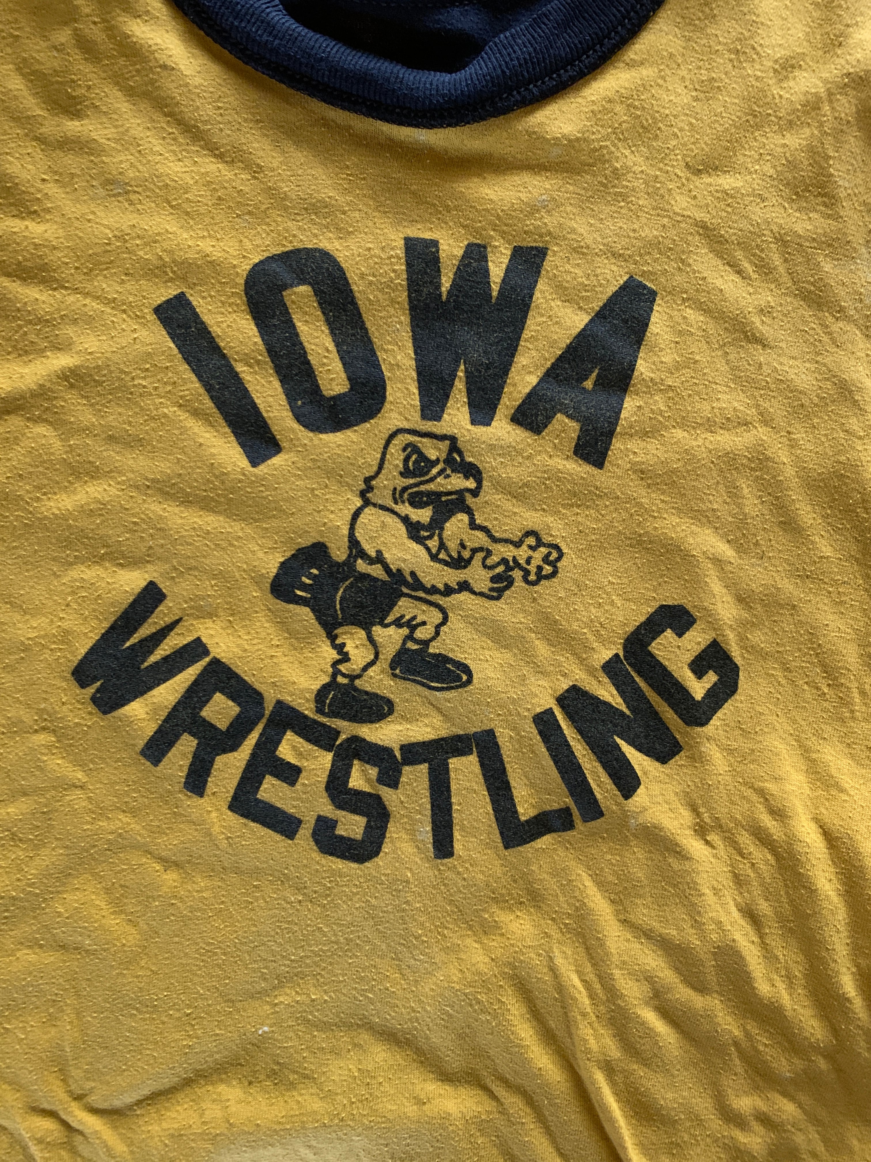 70's RUSSELL IOWA WRESTLING リバーシブルTシャツ ダブルフェイス 金タグ 黒×黄 表記(XL)