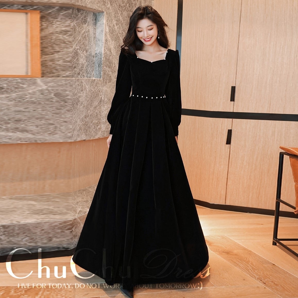 リボン肩紐☆異素材MIXブラックロングドレス XS011 | 中国・韓国の輸入