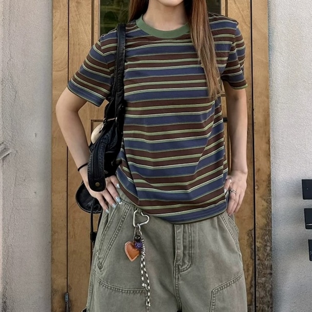 レトロボーダーワンポイントスリムフィットTシャツ 1col R02468