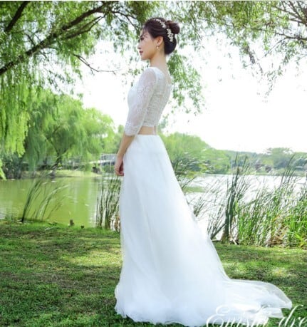 エレガント ロングドレス トップス+スカート 美しい花レース チュール