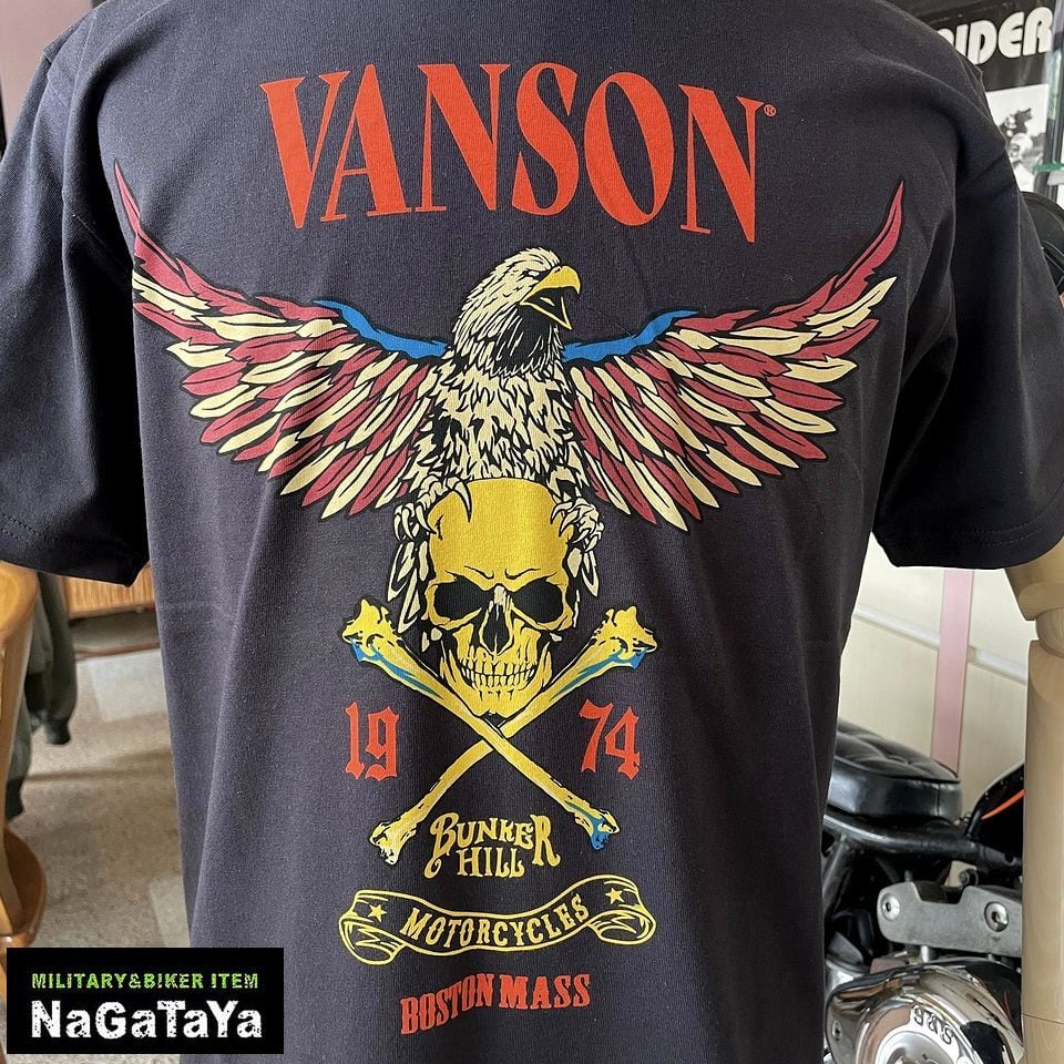 VANSON バンソン スカルイーグル 半袖Tシャツ 天竺半袖TEE 墨黒