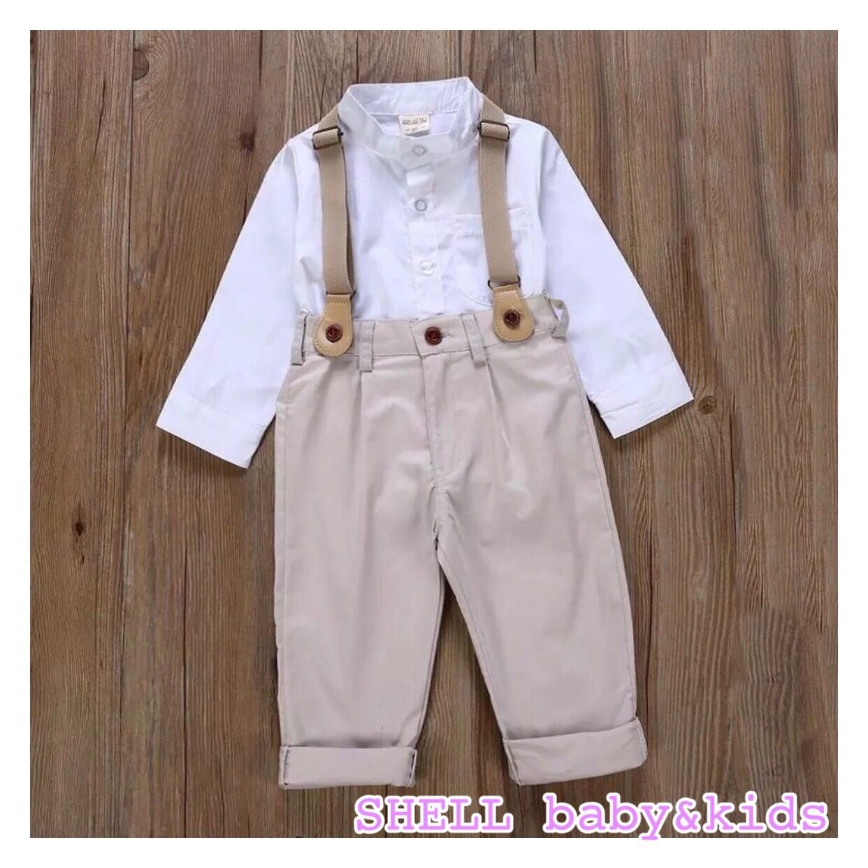 即納】ノーカラーシャツ&サスペンダー付きパンツセット 男の子セット服