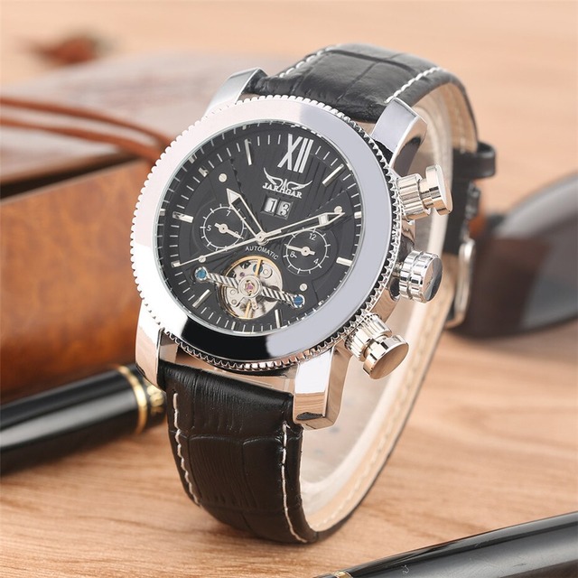 トゥールビヨンメンズ腕時計jaragar本革腕時計自動巻き機械式時計メンズ腕時計ファッション男性時計ギフト Silver Black Braverybase
