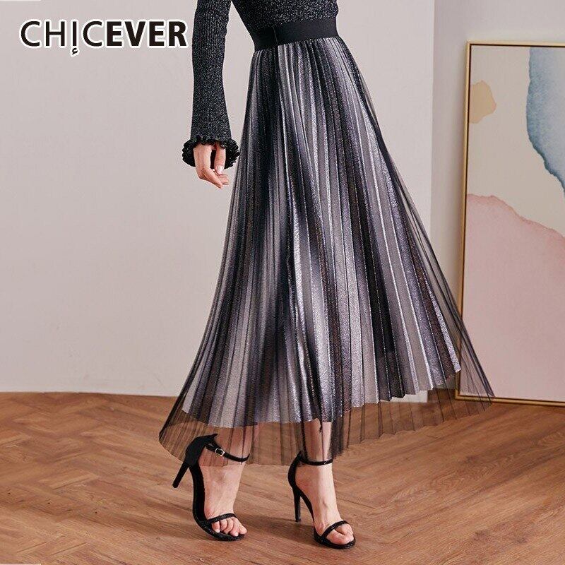 CHICEVERサマーヒットカラースリムメッシュスカートレディースウエストプリーツミッドカーフスカート2020 夏物 6base598044753825