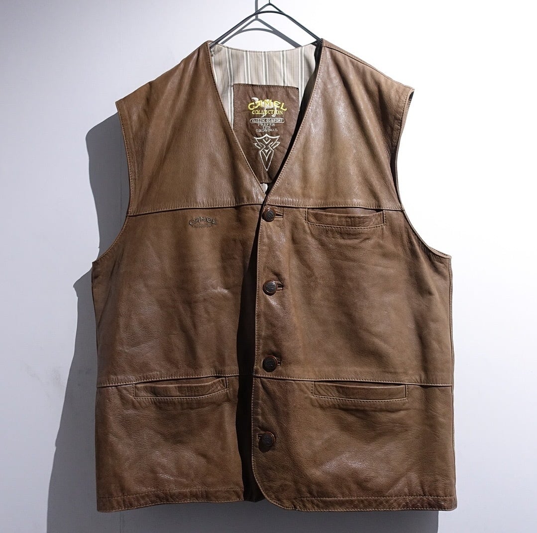 "CAMEL" Brown Logo Embroidered Real Leather Vest