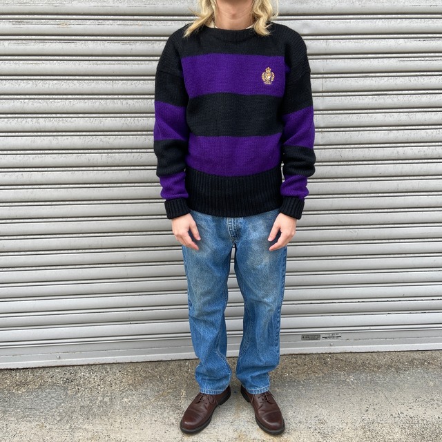 90s RalphLauren ボーダー柄ボートネックセーター　黒　紫　M