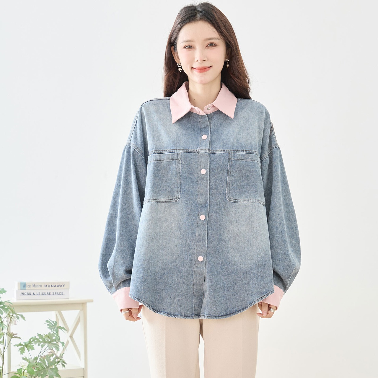 【SALE 15%OFF 4/5 10:00まで】TRUBE 配色アクセント長袖デニムシャツ【M~L】ピンク