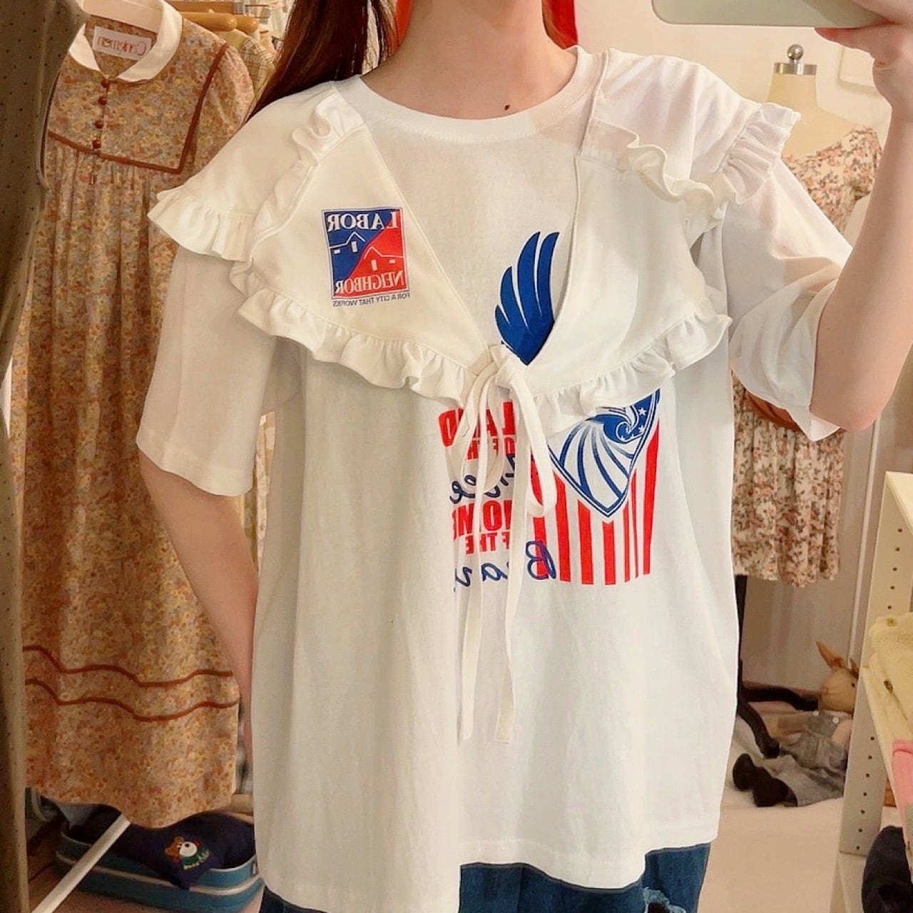 remake : frill open collar white big T-shirt / 01