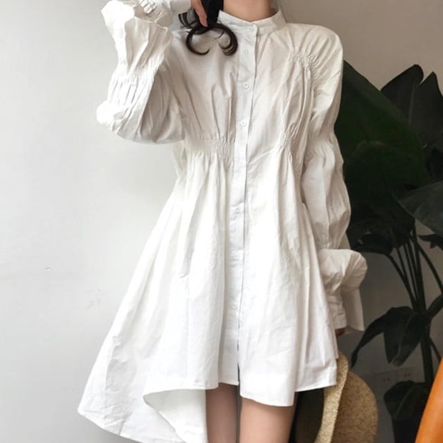 送料無料】シャツワンピース アシンメトリーミニ丈 Aライン フレア  