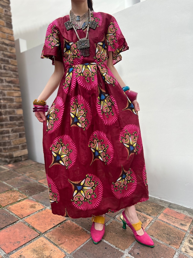 Vintage africanbatik wine red dress ( ヴィンテージ アフリカンバティック ワインレッド ワンピース )