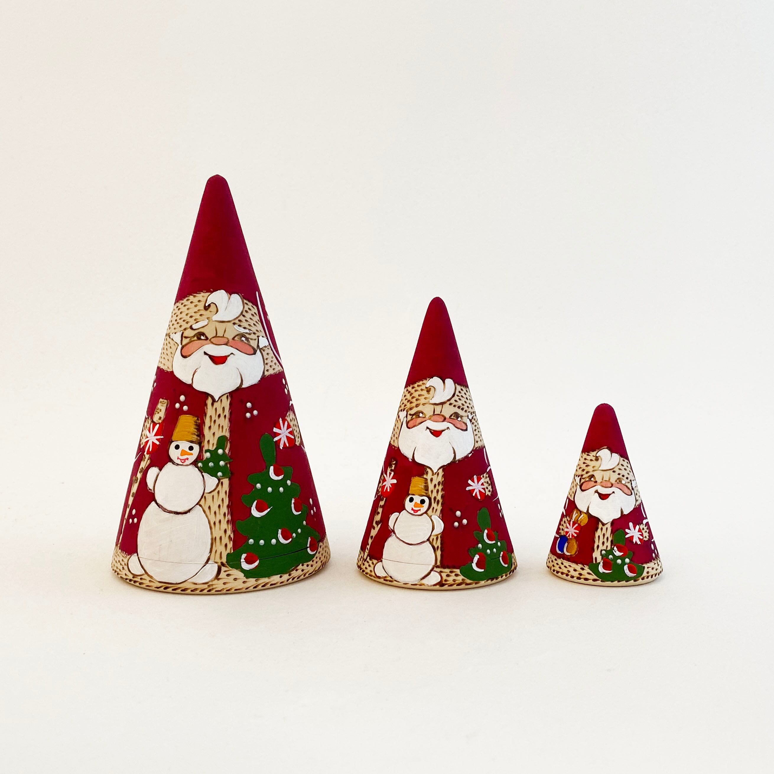 サンタ/ジェドマロースと雪だるま 焼ごて円錐マトリョーシカ(3個組)