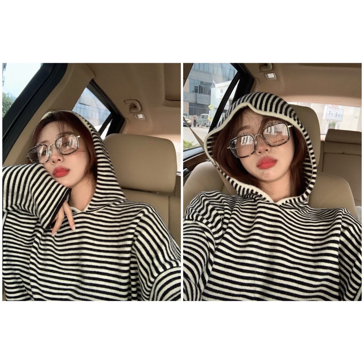 ストライプセーター コート フードルーズスタイルレディーススプリングトップス ロング 春物 ブラックストロベリース71104974119