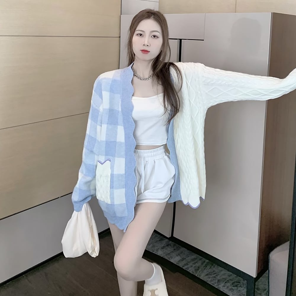 ライトブルーチェックカーディガン 袖あり 長袖 ボタンなし