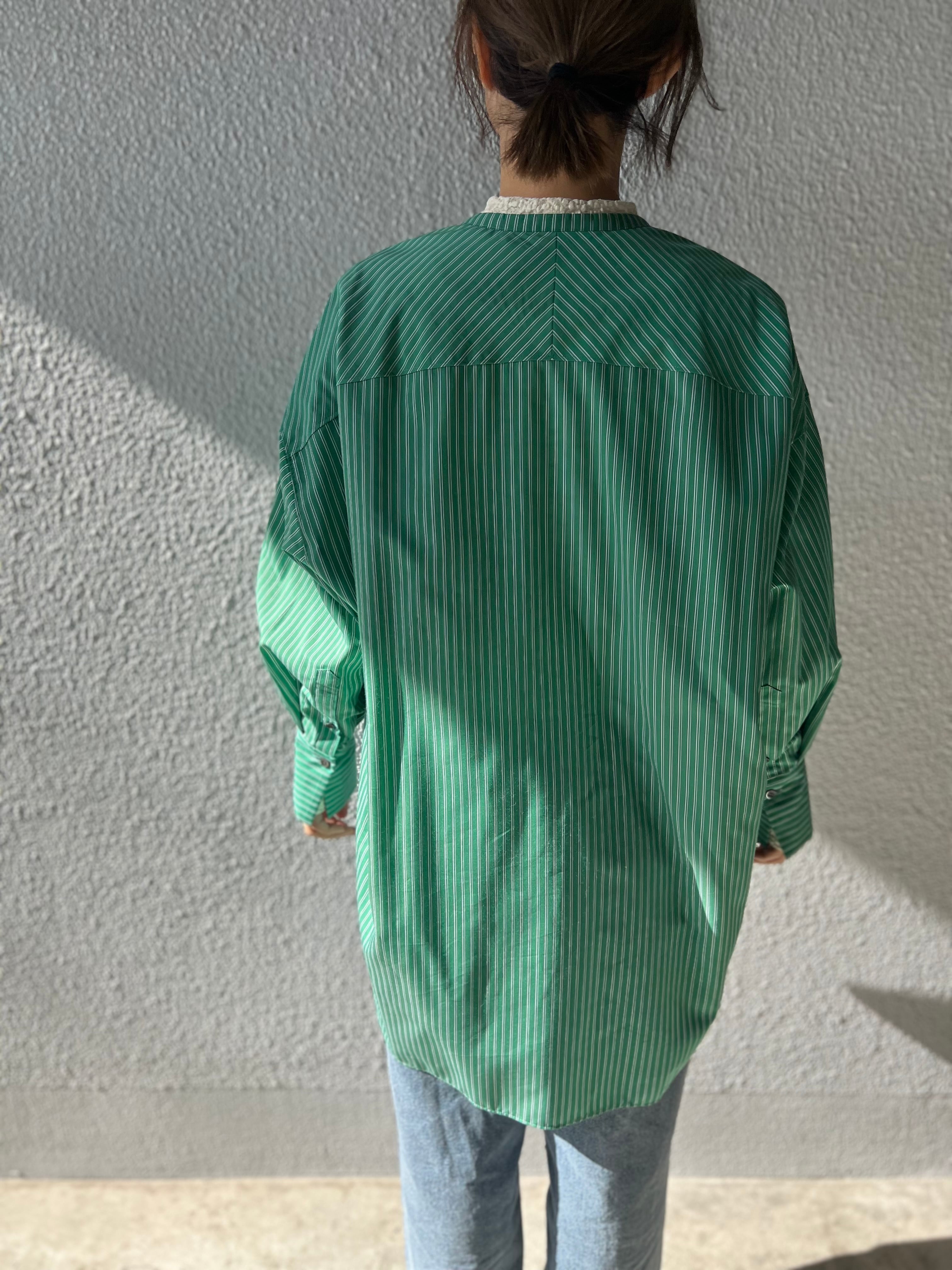 【PASSIONE】バンドカラーストライプロングシャツ 616915