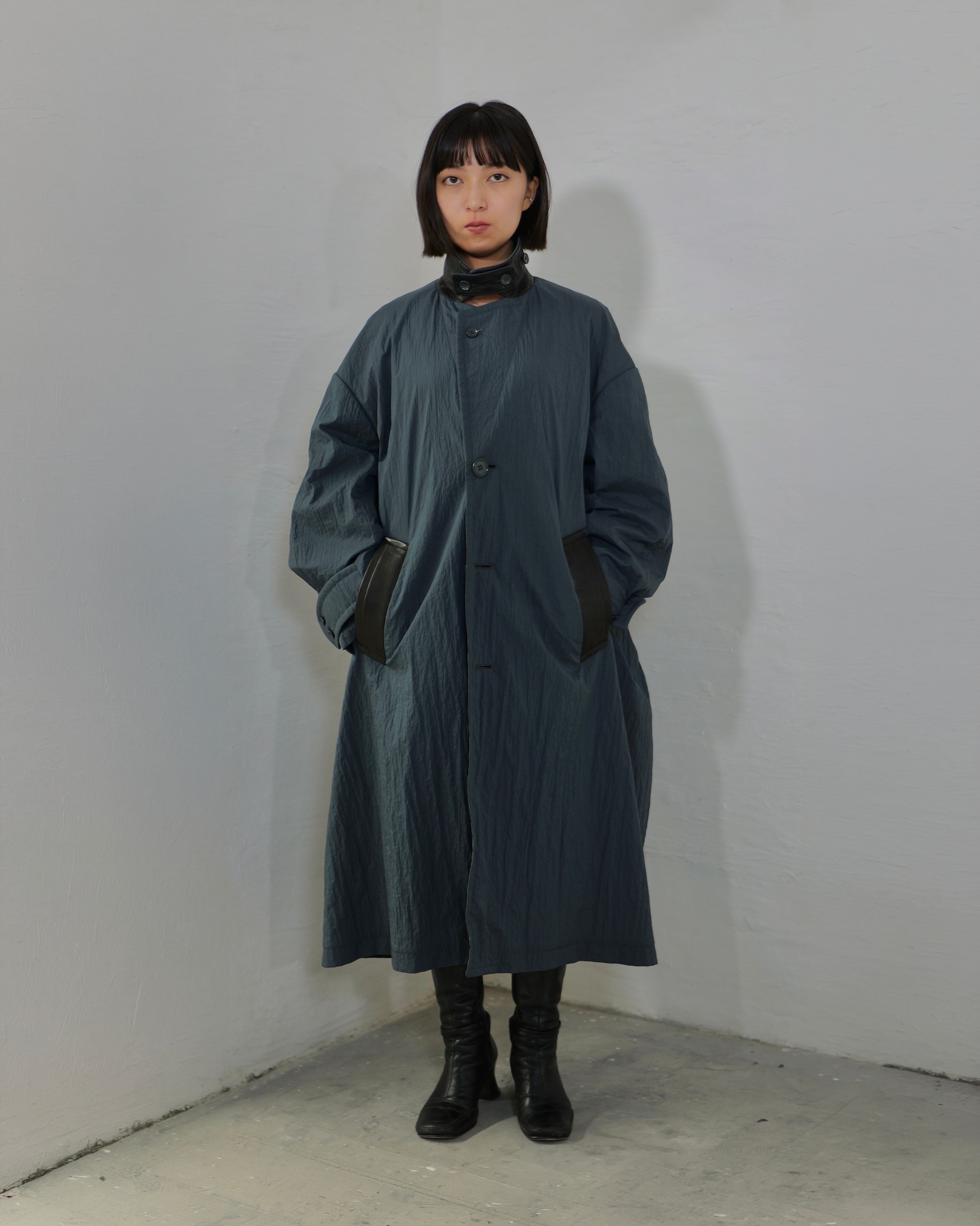 i'm here - Shrink Nylon Grandpa Coat ：Navy｜シュリンク凹凸