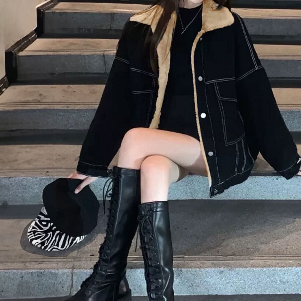 デニム ジャケット 裏起毛 レディース 秋冬 韓国 アウター 防寒 保温 暖かい 大人 カジュアル ストリート アメカジ ステッチ ブルゾン Gジャン 裏ボア ゆったり 大人可愛い 大人女子