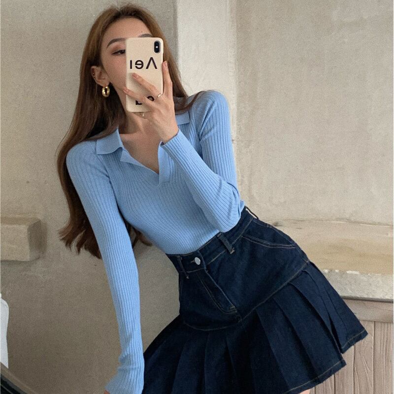 ニットシャツ セーター レディーススプリングブルートップス ロング 春物 ブラックストロベリース23481762509