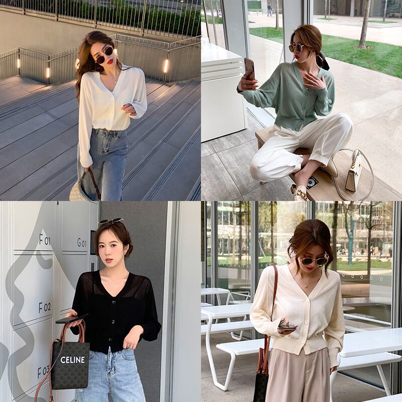 Vネック薄手ニットセーター レディースサマースタイルカーディガントップス ロング 大人ガーリー スウィート キュート カジュアル 夏物 6Du_Shop_Women31042526399