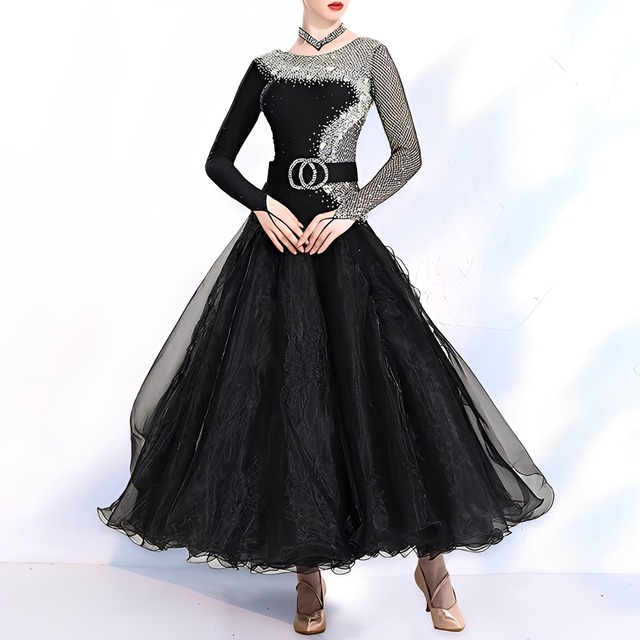 ラインストーン メッシュスリーブ ブラック モダンドレス 1col　D00422